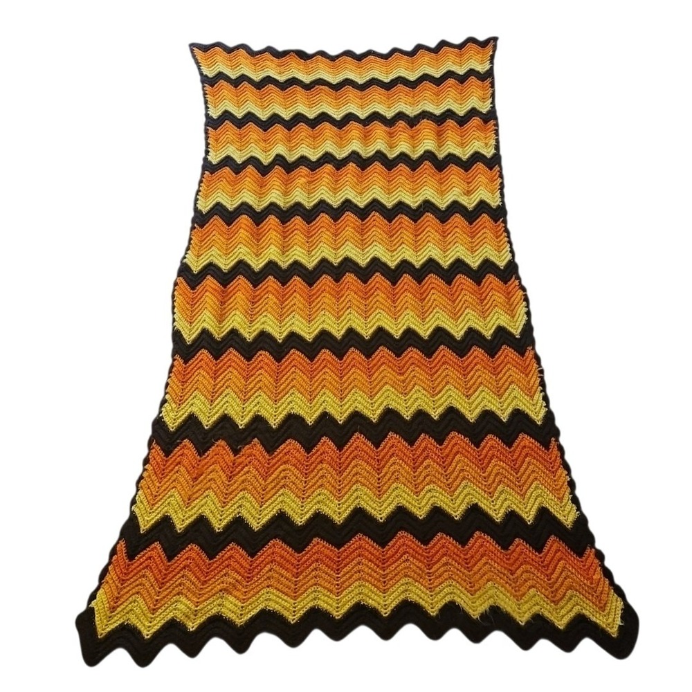 Vintage Handmade Chevron Crochet Blanket Orange Yellow Brown 75" X 38" 1970s